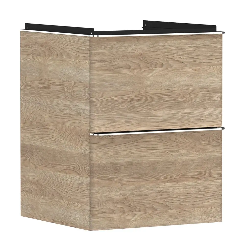 Waschtischunterschrank von Hansgrohe in Holzoptik mit zwei Schubkästen. Ideal für die Platzierung unter einem Handwaschbecken.